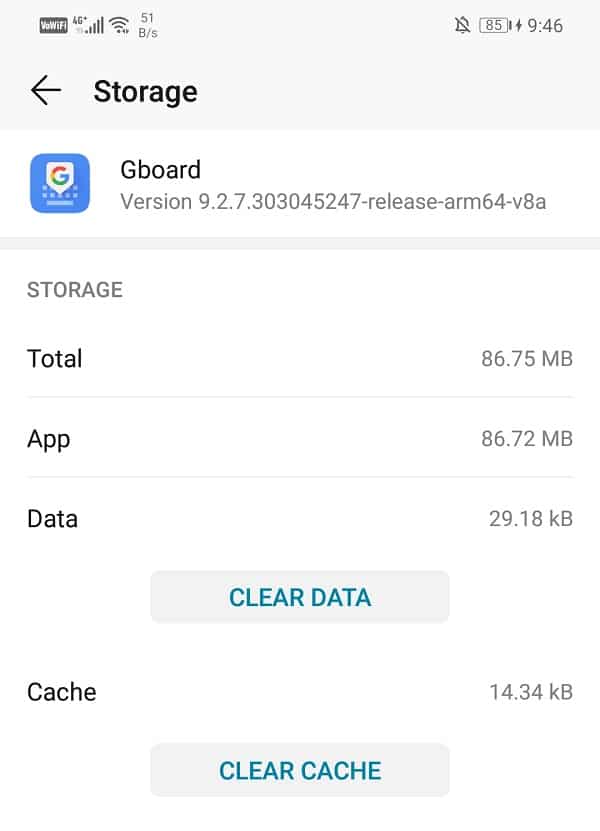 Open the Storage section to clear data and clear cache in the Gboard app