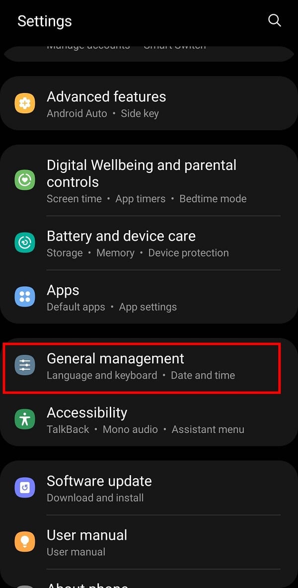 Open your Mobile “Settings” and select General Management from the available options.