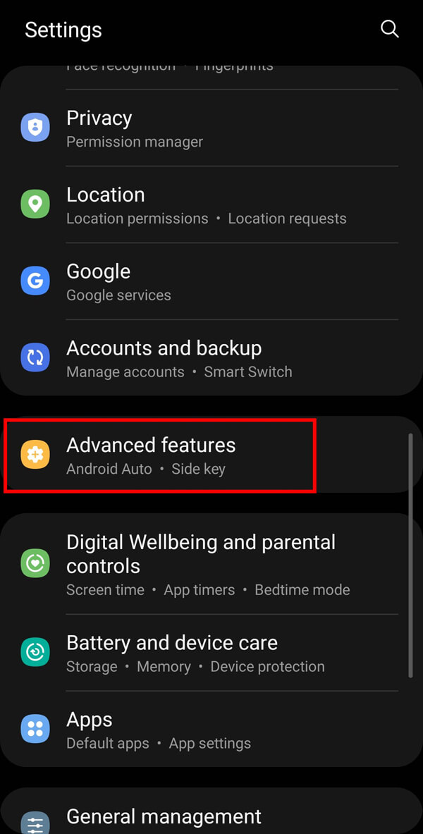 Open your Mobile “Settings” and tap on the Advanced features option from the menu.