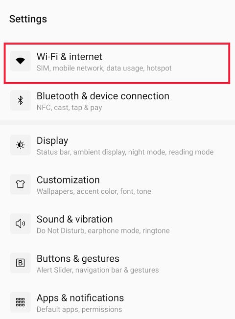 Open your phone’s settings and locate the ‘Wi-Fi and Internet’ option