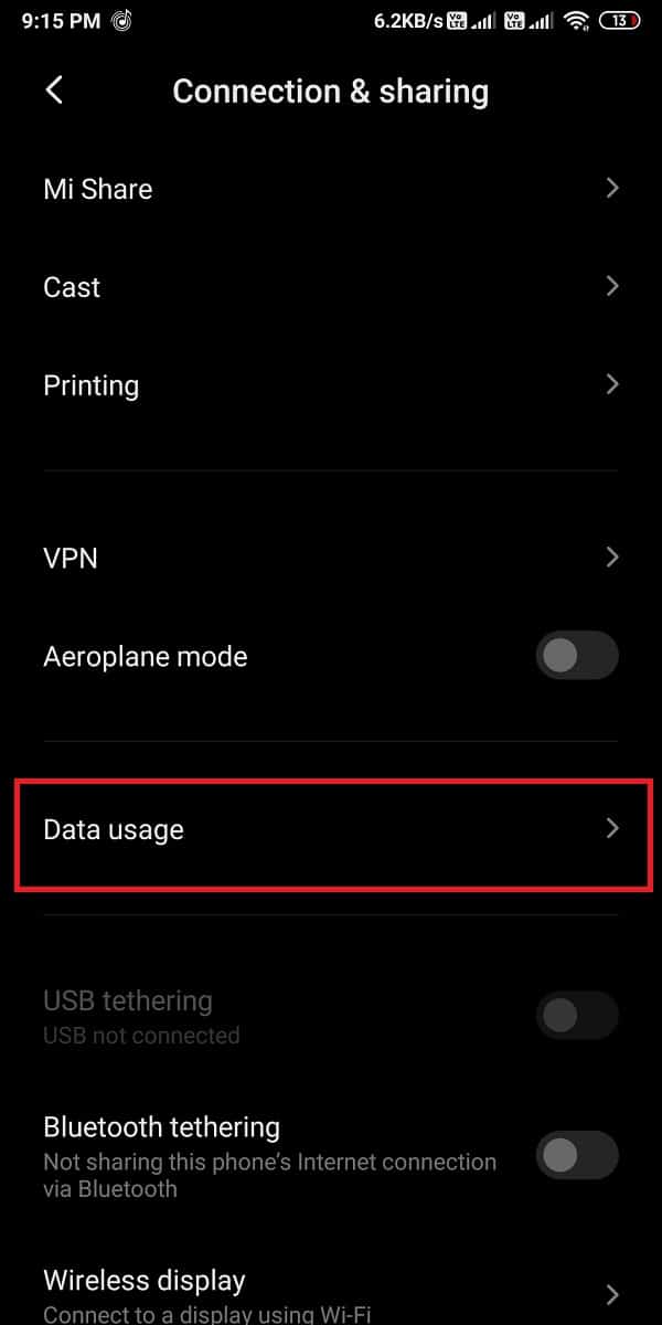 Open ‘Data usage’ in the connection and sharing tab.  | Fix Mobile Hotspot not working on Android