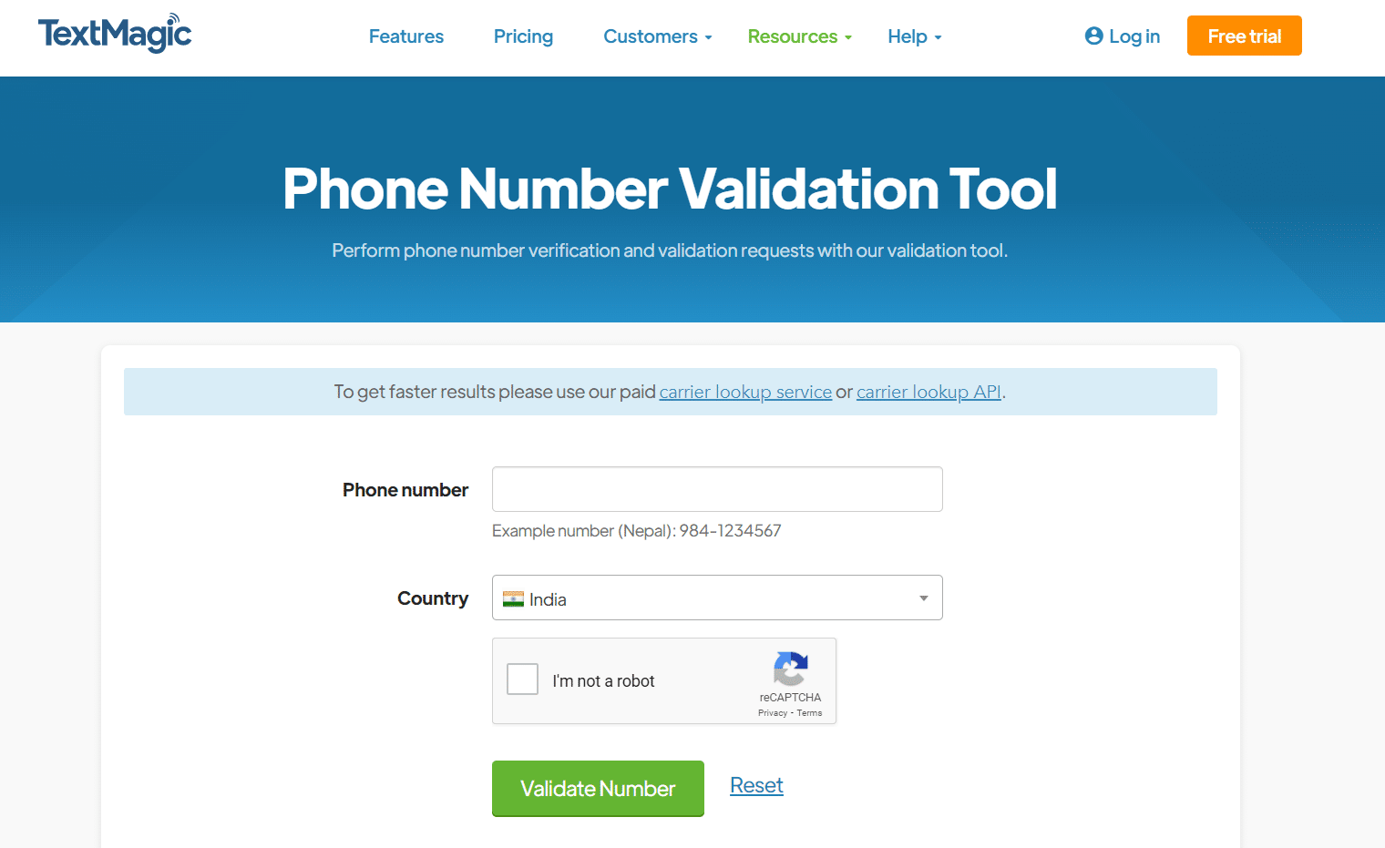 Página da ferramenta de validação de número de telefone