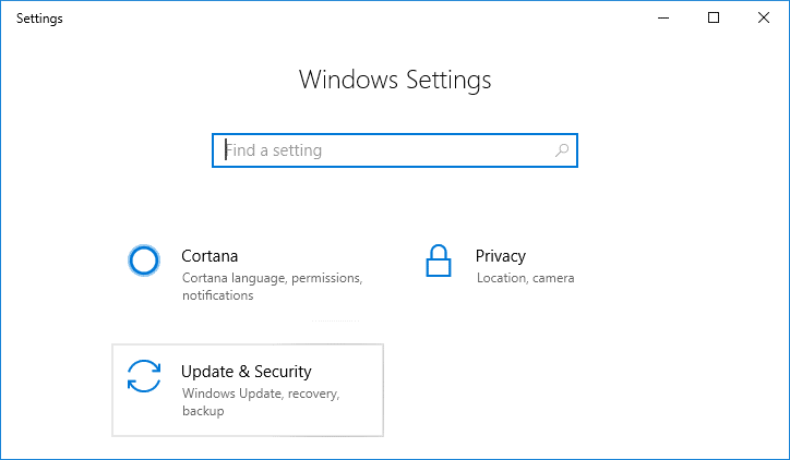 Click on Update & security icon | Fix Webcam not working in Windows 10