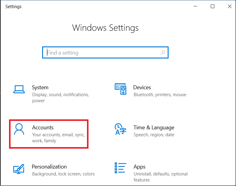 Press Windows Key + I to open settings, click on Accounts option.