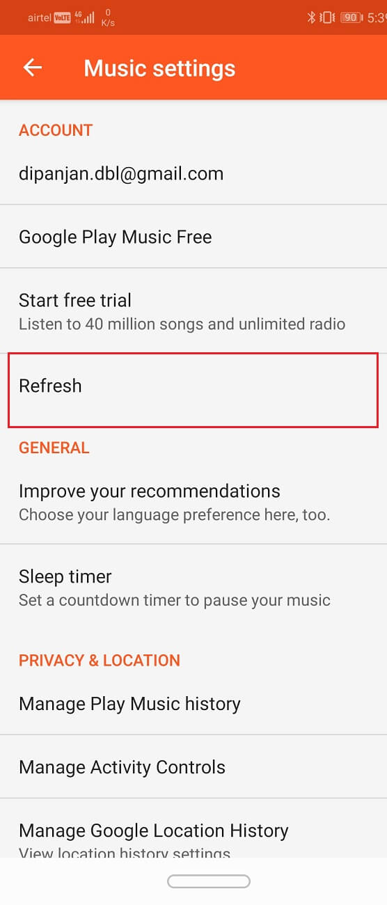 Refresh your music library by tapping on the Refresh button | Fix Problems with Google Play Music