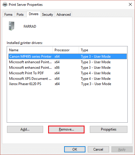 Remove printer from print server properties