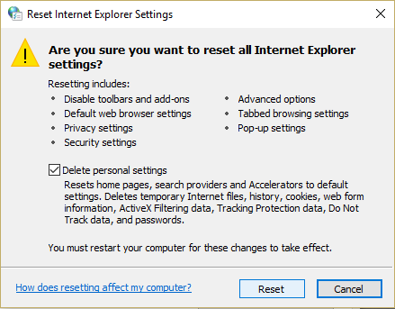 Internet Explorer 설정 재설정