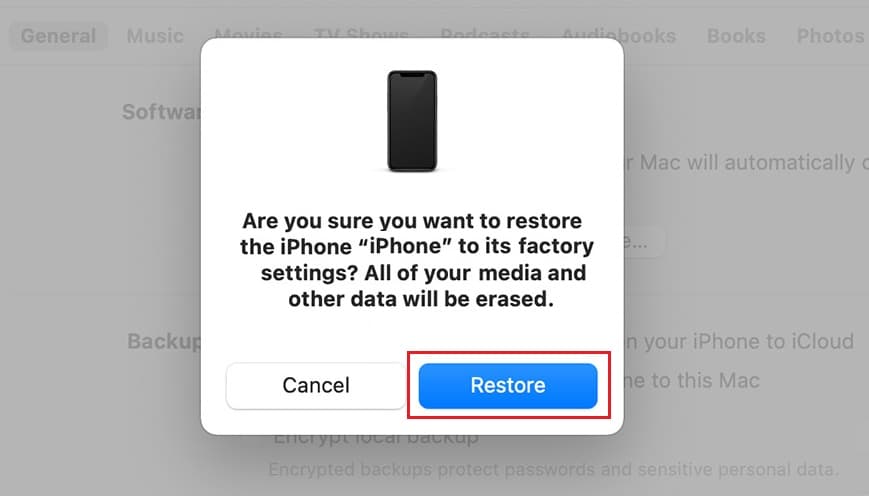 Восстановите iPhone с помощью iTunes