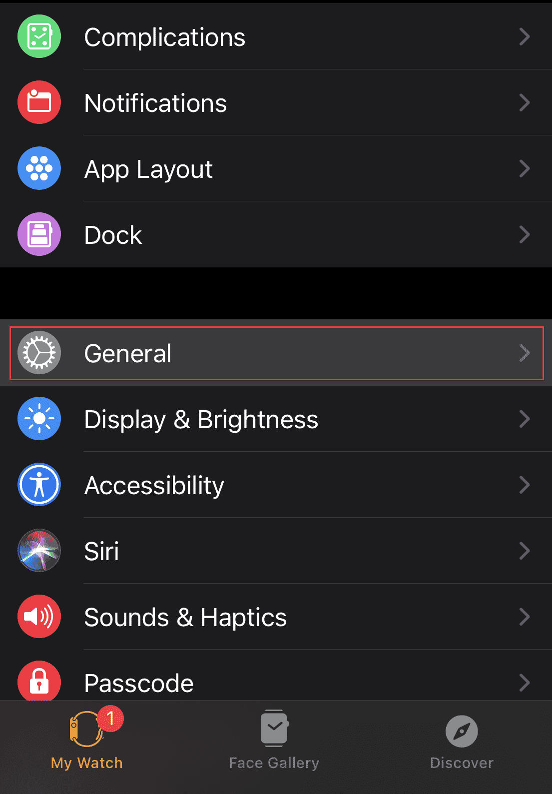 Return to the My Watch menu and tap on General from the list