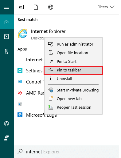 Right-click on IE and choose the option Pin to taskbar