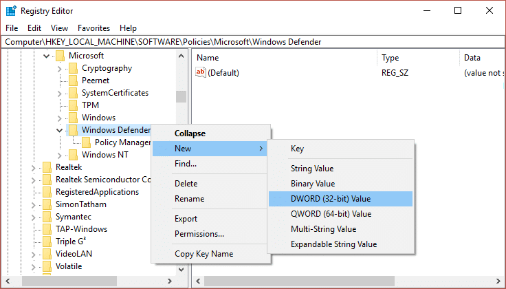 Right click on Windows Defender then select New and then click on DWORD name it as DisableAntiSpyware