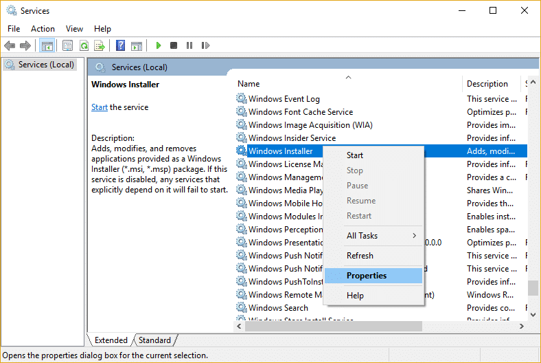 Щракнете с десния бутон върху Windows Installer Service, след което изберете Properties
