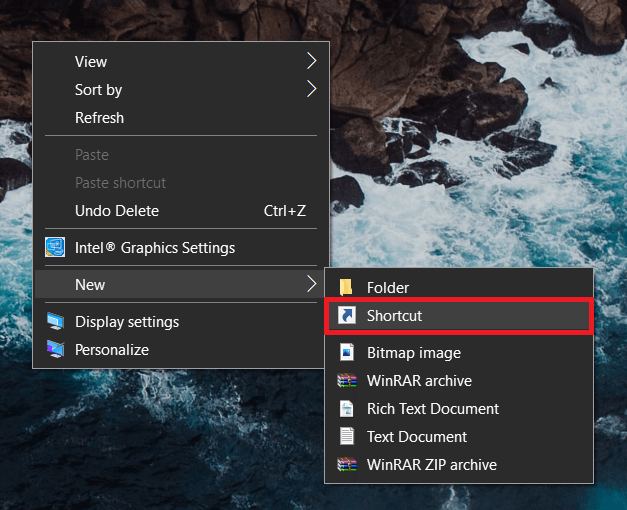 Right-click on any blank/empty area on your desktop and select New followed by Shortcut