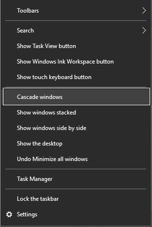Right-click on the Taskbar and click on Cascade Windows