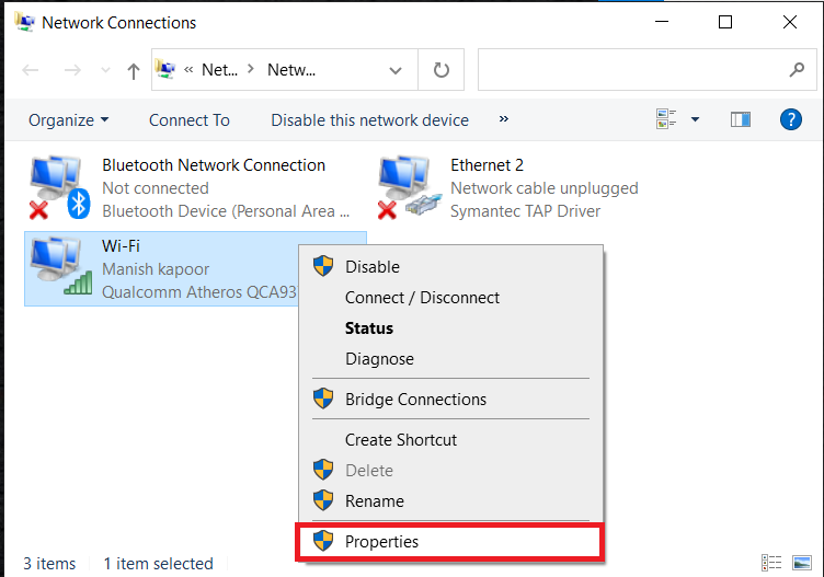 Right-click on the associated network adapter and choose Properties.