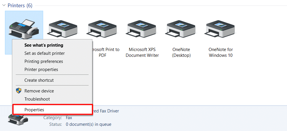 Clique com o botão direito na impressora desejada e escolha Propriedades no menu de contexto | Como encontrar o endereço IP da impressora no Windows 10