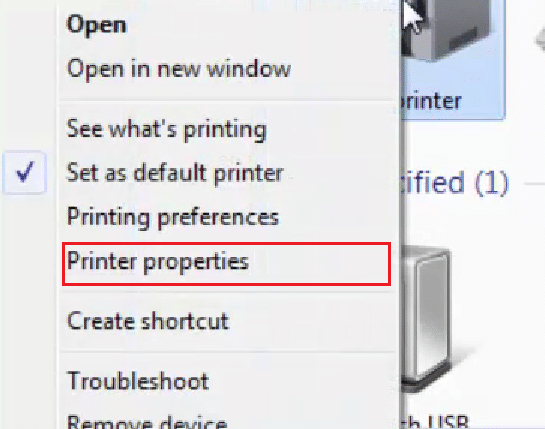 Right-click on the desired printer and click on the Printer properties option