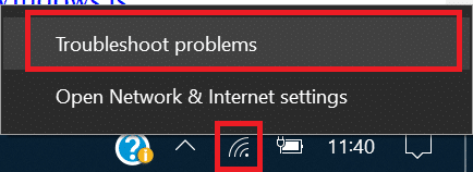 Щракнете с десния бутон върху иконата на мрежата в лентата на задачите и щракнете върху Отстраняване на проблеми