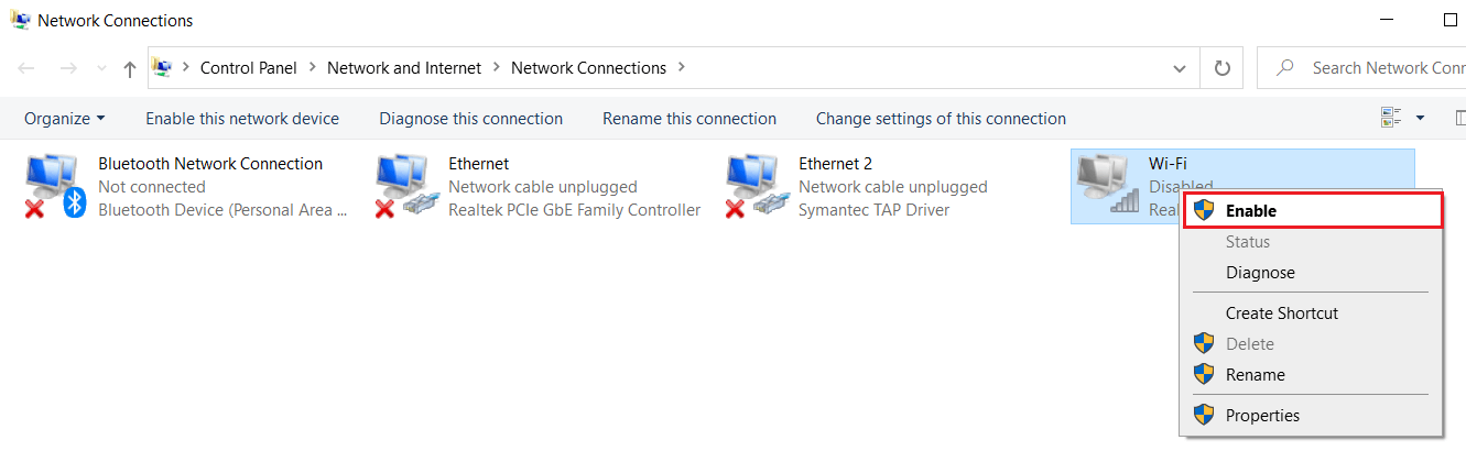 Right-click on the same adapter and this time choose Enable | [SOLVED] WiFi Connected But No Internet on Windows 10