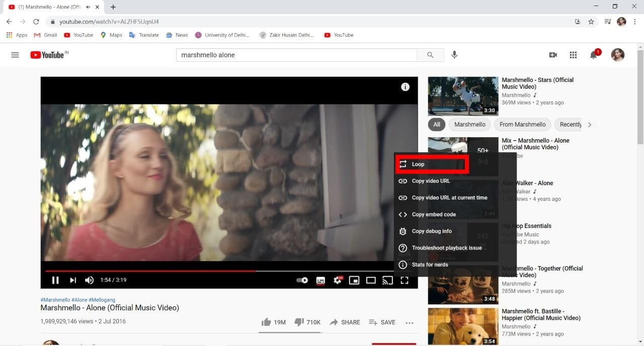 Right-click on the video and select Loop from the available options | How to put a YouTube video on Repeat?