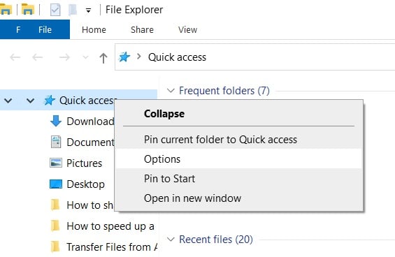 Right-click the Quick Access and select Options | Fix File Explorer won't open in Windows 10