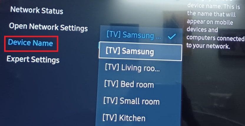 Samsung TV Device Name drop-down menu | smart TV won’t connect to Wi-Fi