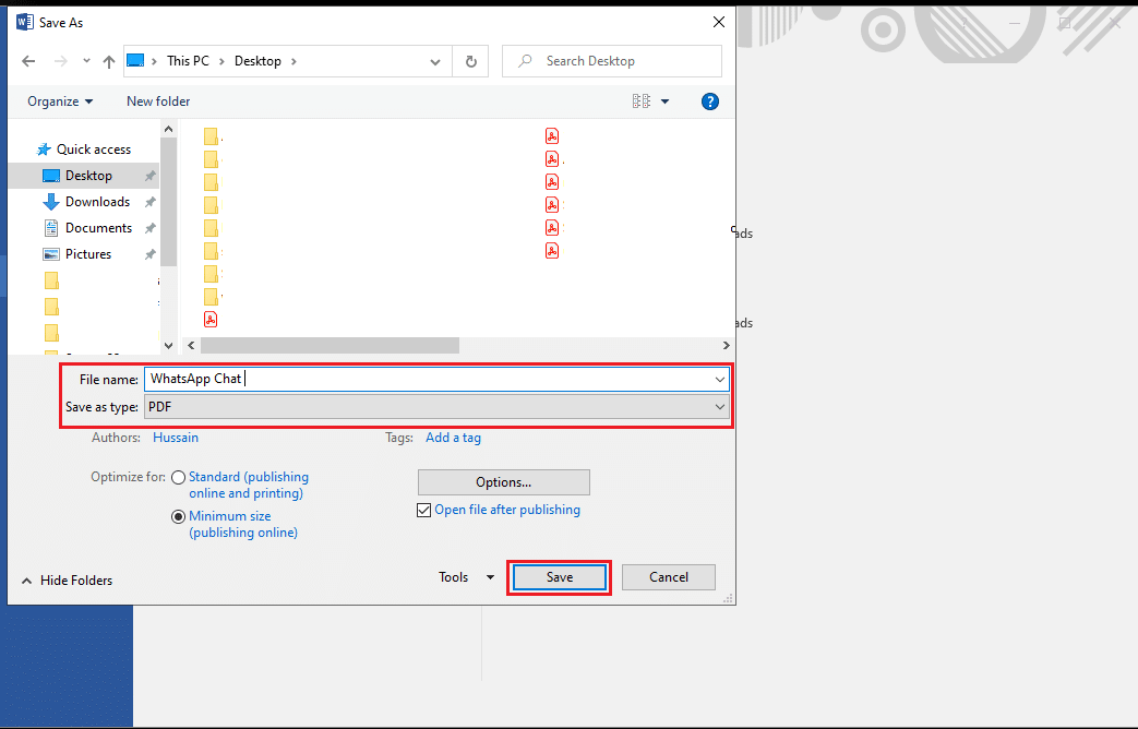Save the word document as a PDF file by selecting PDF in the Save as a drop-down menu