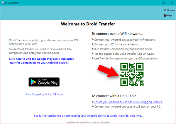 Scan the QR code of Droid Transfer application using the Transfer Companion app on your Android device