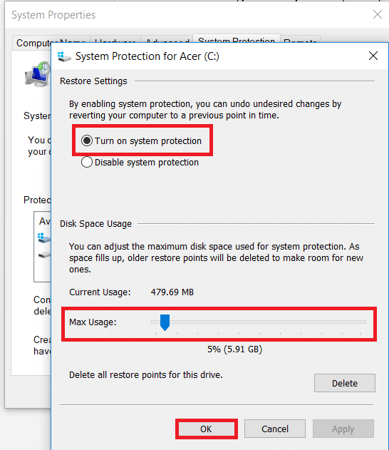 Click on turn on system protection under restore settings and select the max usage under disk usage.