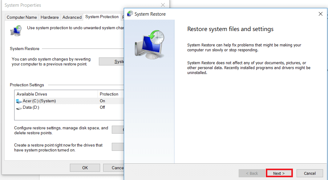 A System Restore window will pop up click next on that window.
