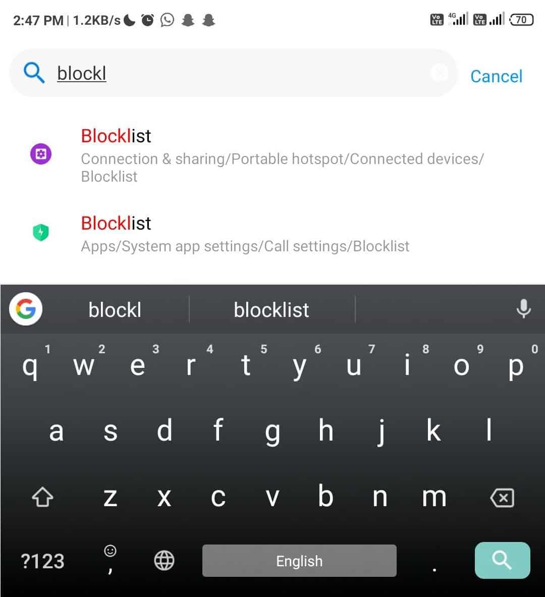 Under Settings, search Blocklist in the search bar