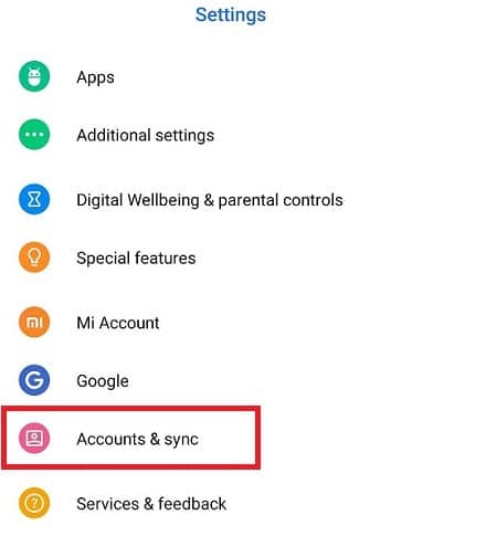 Search for Accounts option in the search bar or click on Accounts option from the list below.