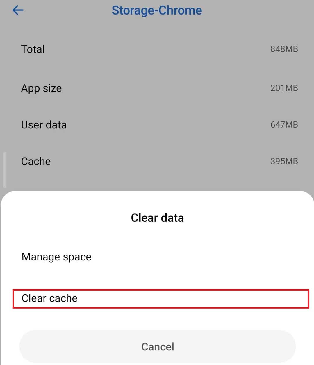 Go back to Storage and tap on Clear Cache.