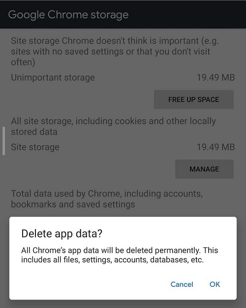 A warning dialog box will appear, stating that All app’s data will be deleted permanently. Tap on OK.