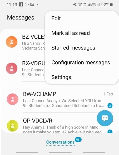 A list of messages you have received will open. Tap on the conversation of the number you want to block. Tap on the three-dot icon on the top right corner.