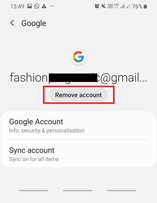 Tap on the Remove account option on the screen - Fix Can’t install app Error Code 910