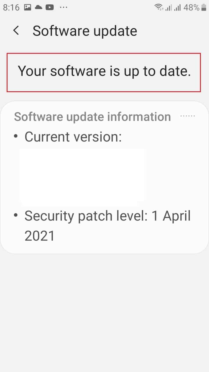 Your software is up to date in Samsung mobile