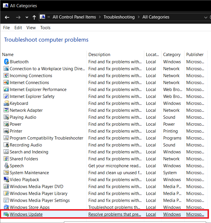 Windows Update'i bulmak için tamamen aşağı kaydırın ve üzerine çift tıklayın.