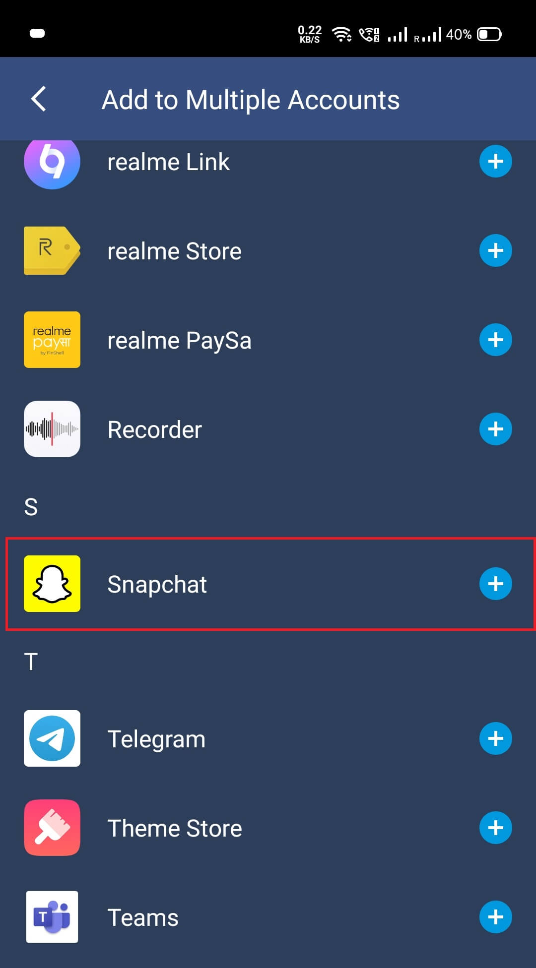 Pomaknite se in poiščite Snapchat v danih možnostih. Dotaknite se ga. | Zaženite dva računa Snapchat na enem Androidu
