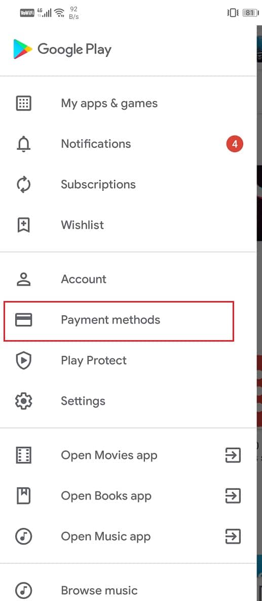 Scroll down and click on the Payment methods | Fix Transaction cannot be completed in Google Play Store