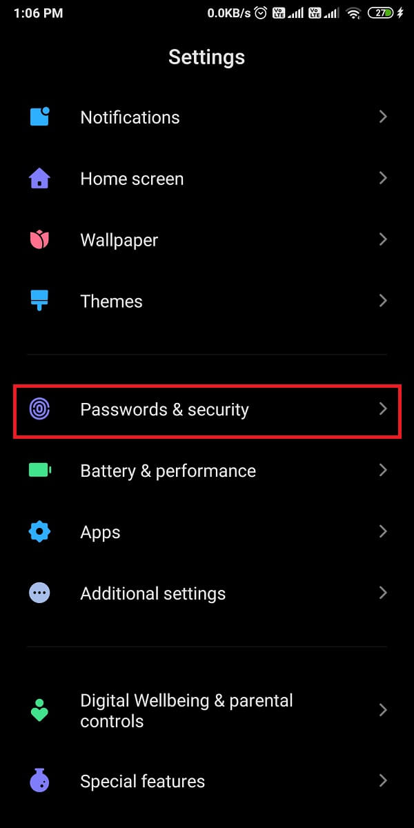 Scroll down and open the battery tab. Some users will have to open passwords and security section.