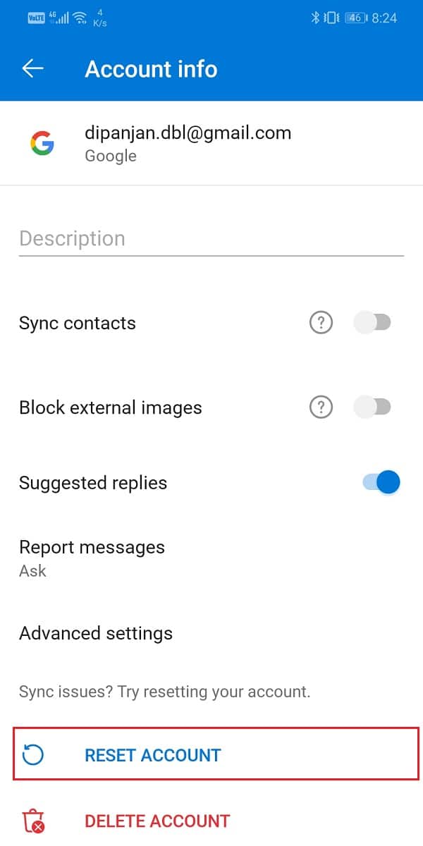 Scroll down and tap on the Reset Account option | Fix Outlook not syncing on Android