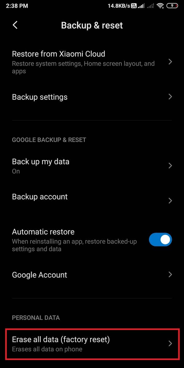 Scroll down and tap on the option for Factory reset. 
