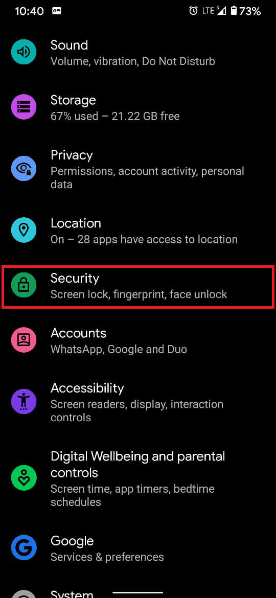 Scroll down and tap on the option titled ‘Security.’ | How to Remove a Virus from an Android Phone
