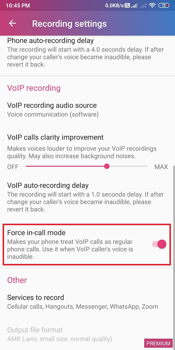 Scroll down and turn the toggle on for 'force-in-call mode.' | How to Record WhatsApp Video and Voice calls