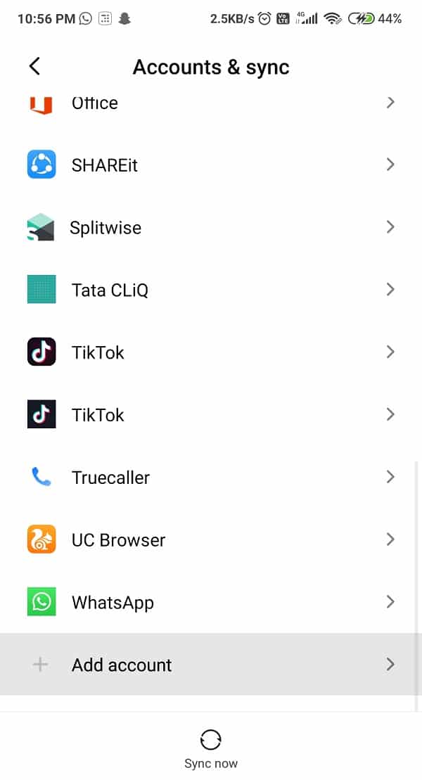 Scroll down the list until you find the Add Account option | Fix Google Play Services Battery Drain