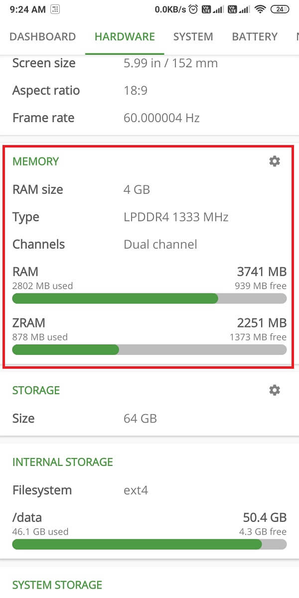 Scroll down to the Memory section to check your RAM type, size, and other such details