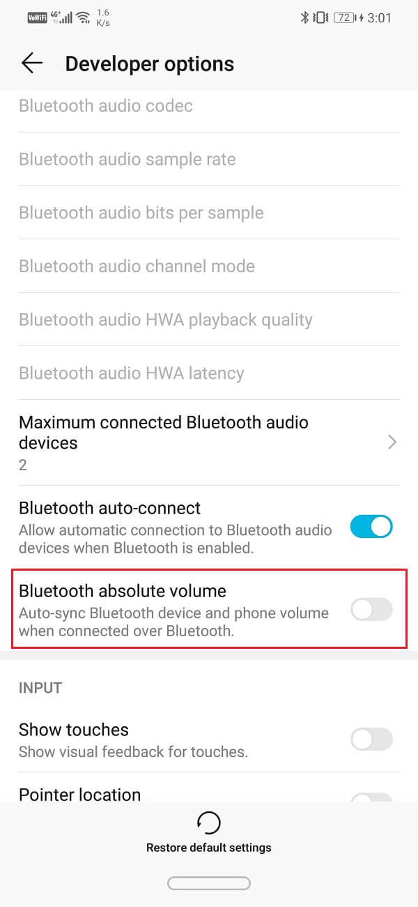 Scroll down to the Networking section and toggle off the switch for Bluetooth absolute volume