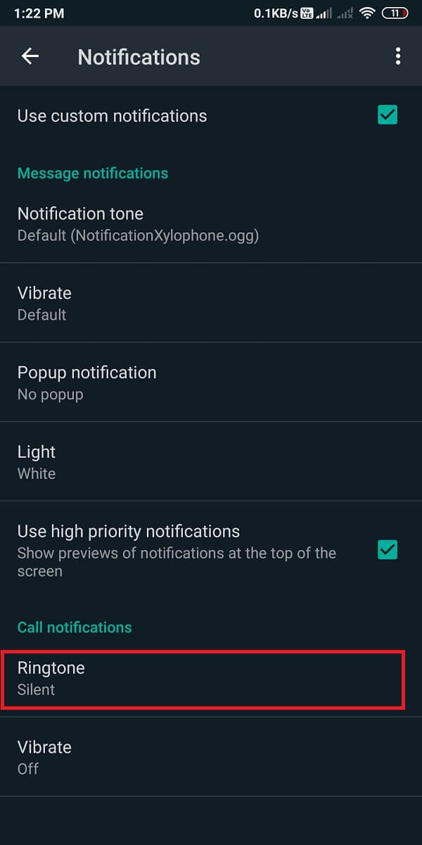 Scroll down to the call notifications section and change ‘Ringtone’ to None.  | How To Mute Whatsapp Calls On Android?