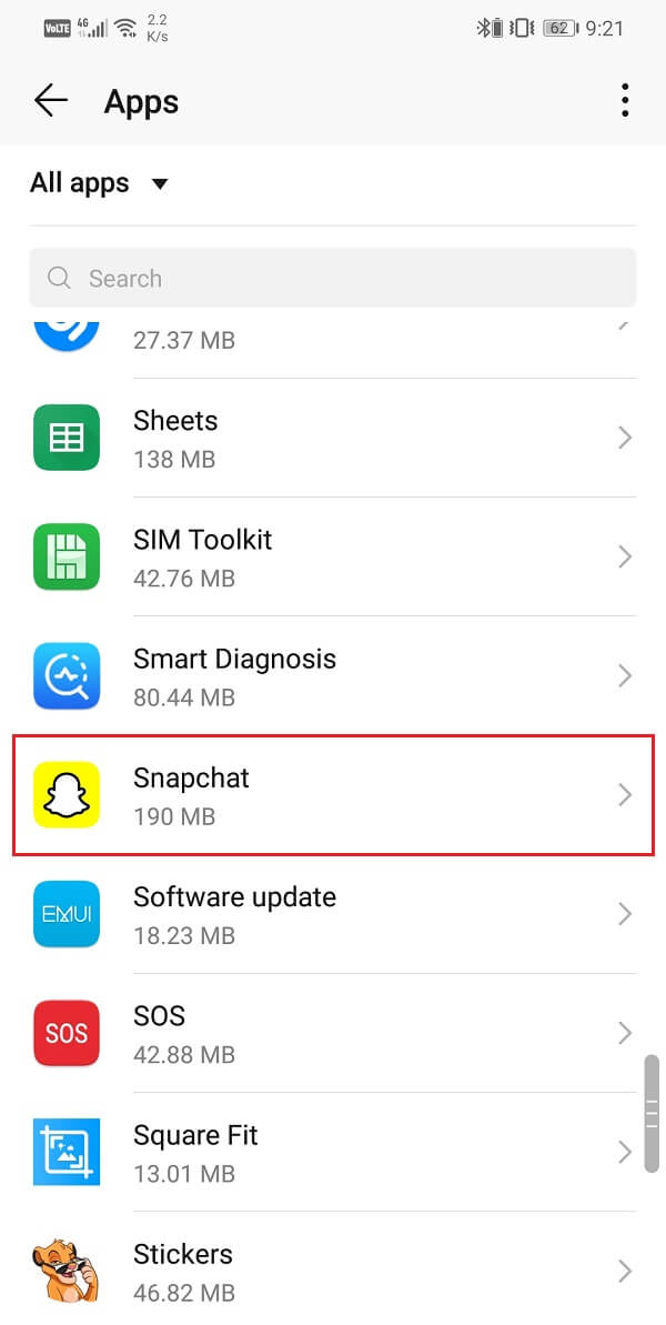 Search Snapchat and tap on it to open app settings | Fix Snapchat Not Loading Snaps